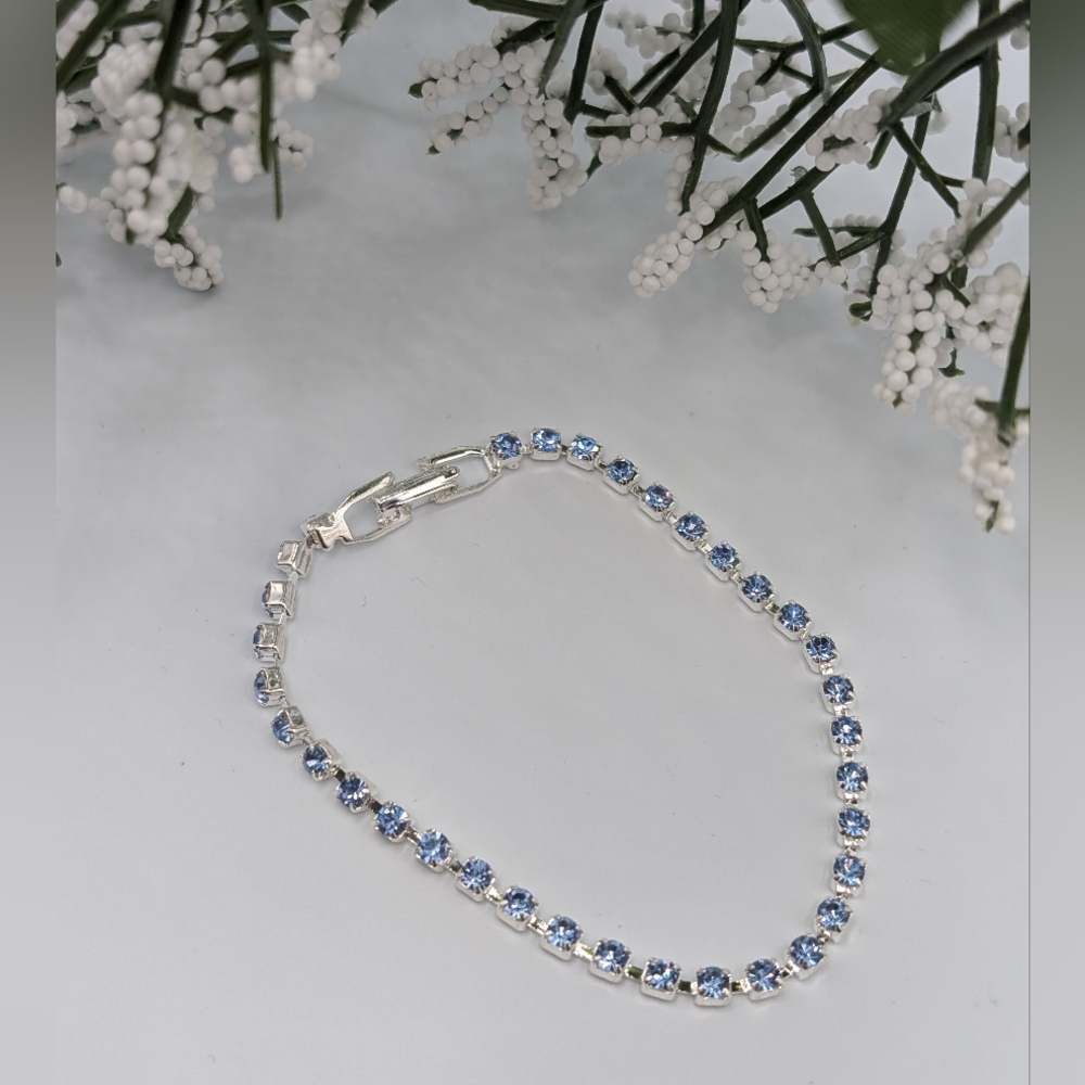 NEW! Lightweight Silver Overlay Blue Tennis Bracelet Made With Swarovski Crystal